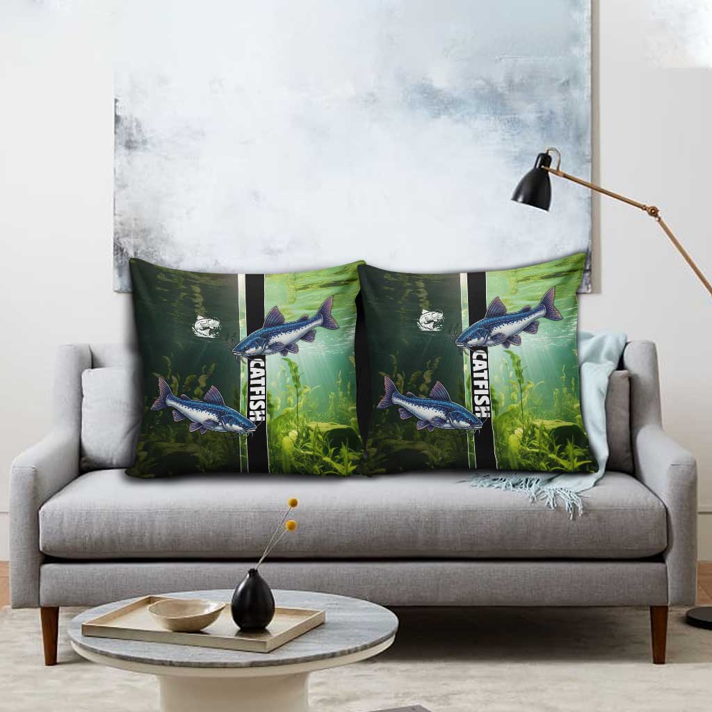 Catfish Fishing Pillow Cover with Underwater River Scene and Green Aquatic Pattern - Wonder Print Shop