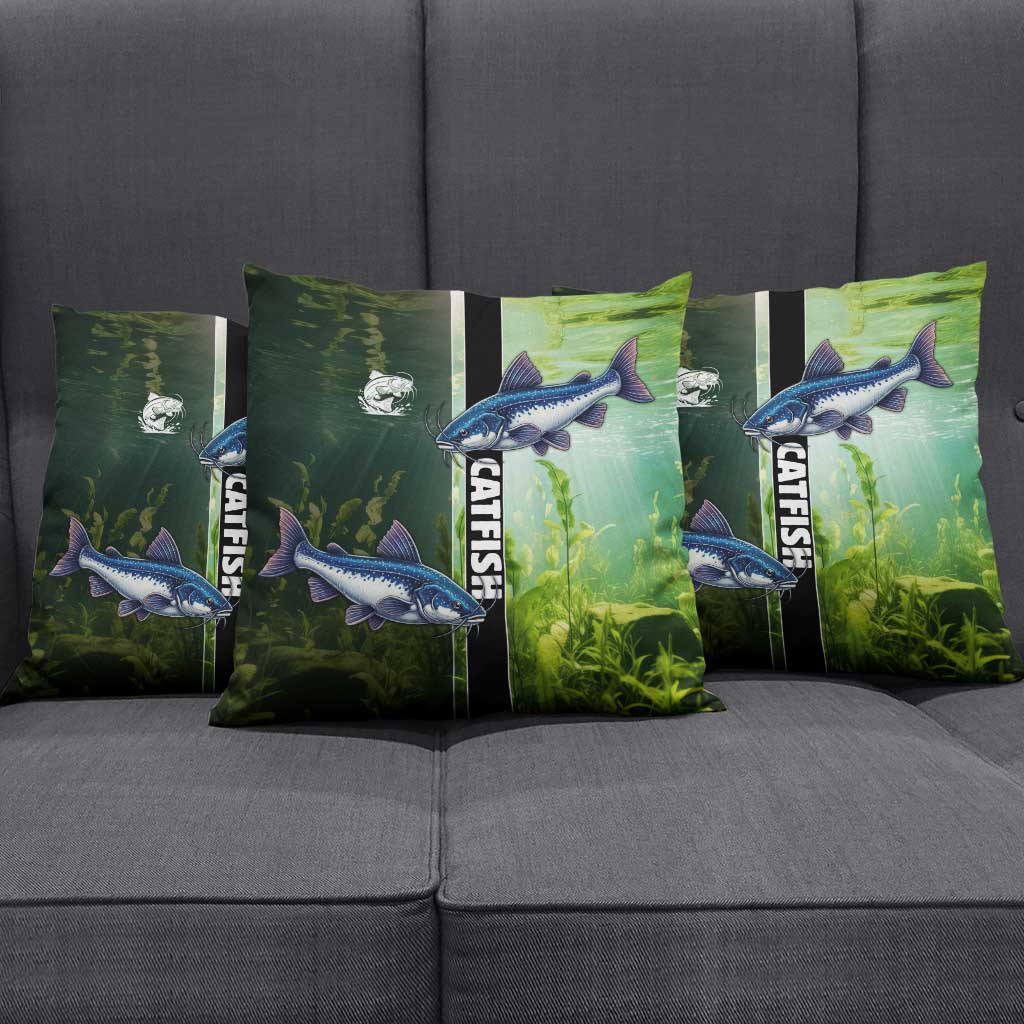 Catfish Fishing Pillow Cover with Underwater River Scene and Green Aquatic Pattern - Wonder Print Shop