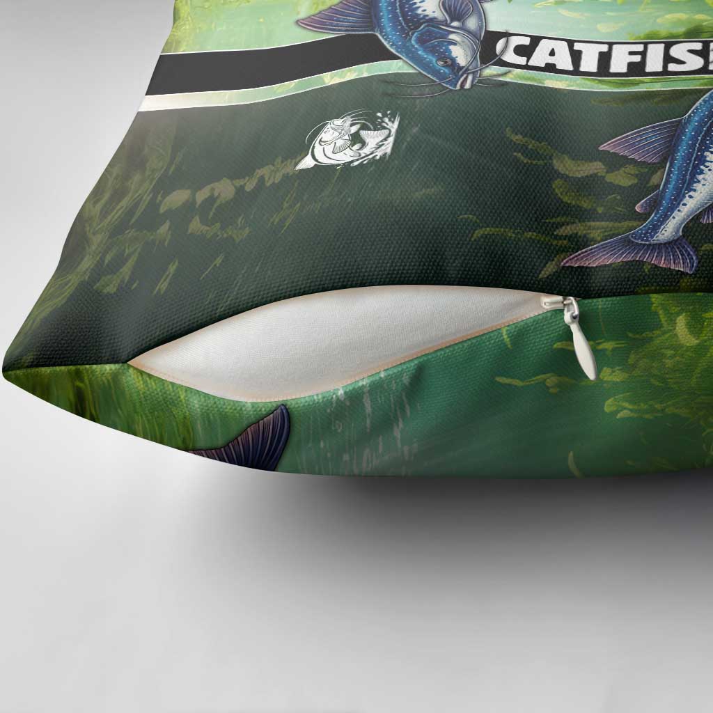 Catfish Fishing Pillow Cover with Underwater River Scene and Green Aquatic Pattern - Wonder Print Shop
