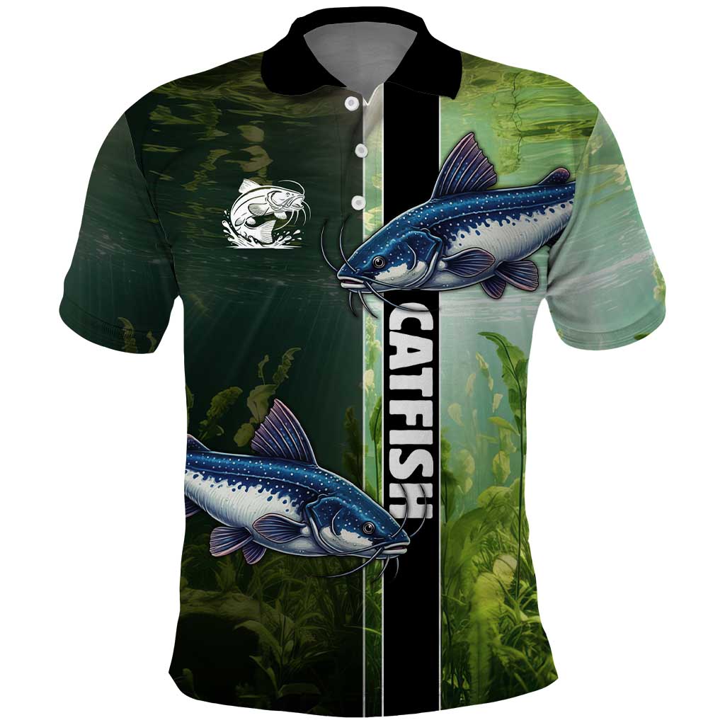 Custom Catfish Fishing Polo Shirt with Underwater River Scene and Green Aquatic Pattern - Wonder Print Shop