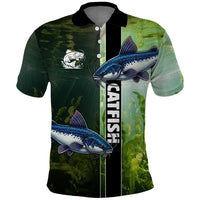 Custom Catfish Fishing Polo Shirt with Underwater River Scene and Green Aquatic Pattern - Wonder Print Shop