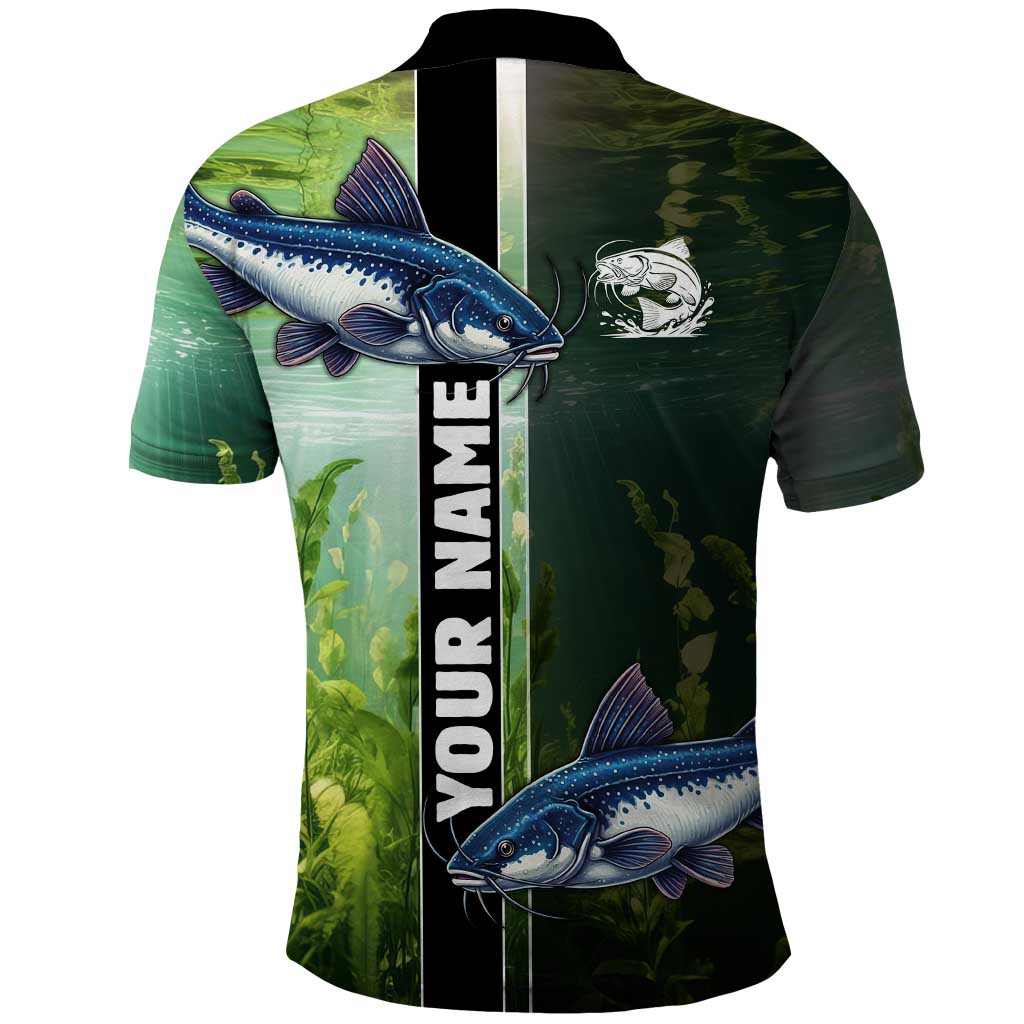 Custom Catfish Fishing Polo Shirt with Underwater River Scene and Green Aquatic Pattern - Wonder Print Shop