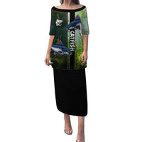Custom Catfish Fishing Puletasi with Underwater River Scene and Green Aquatic Pattern - Wonder Print Shop
