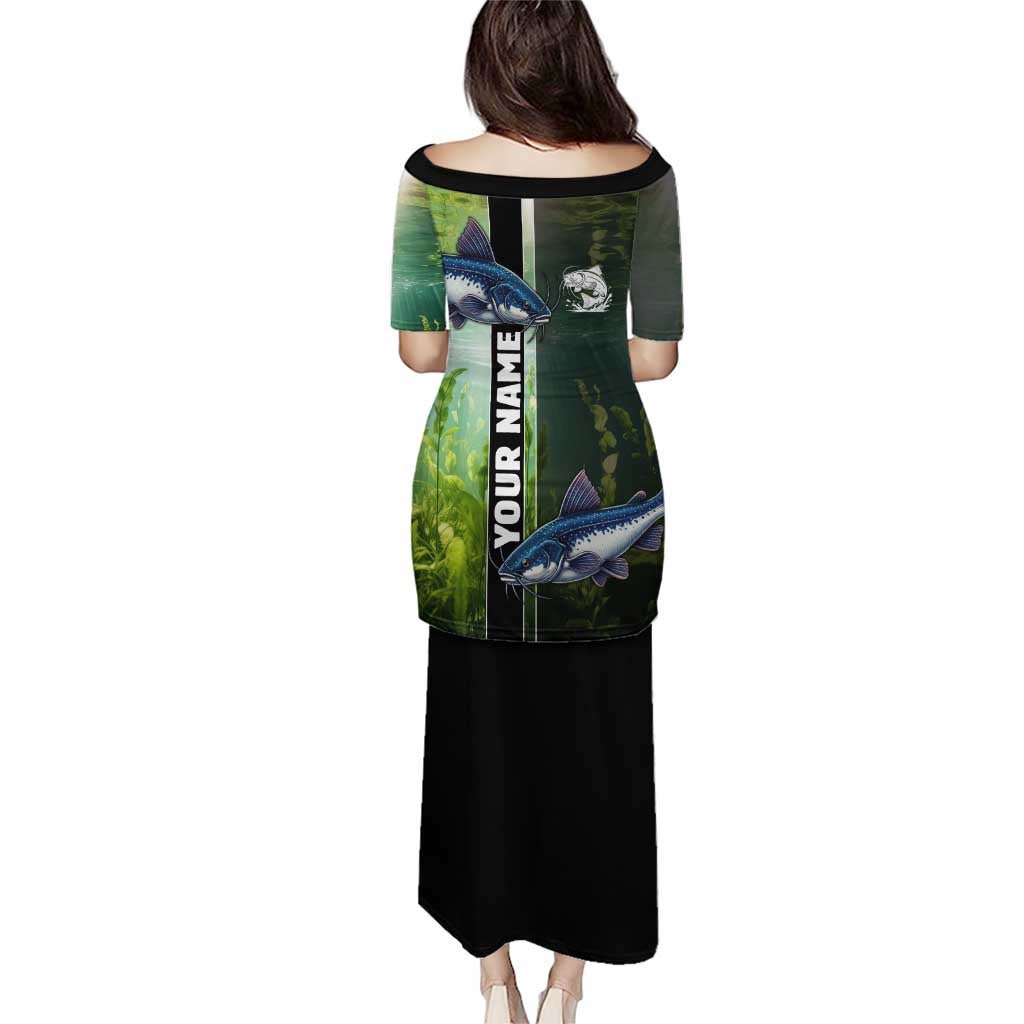 Custom Catfish Fishing Puletasi with Underwater River Scene and Green Aquatic Pattern - Wonder Print Shop