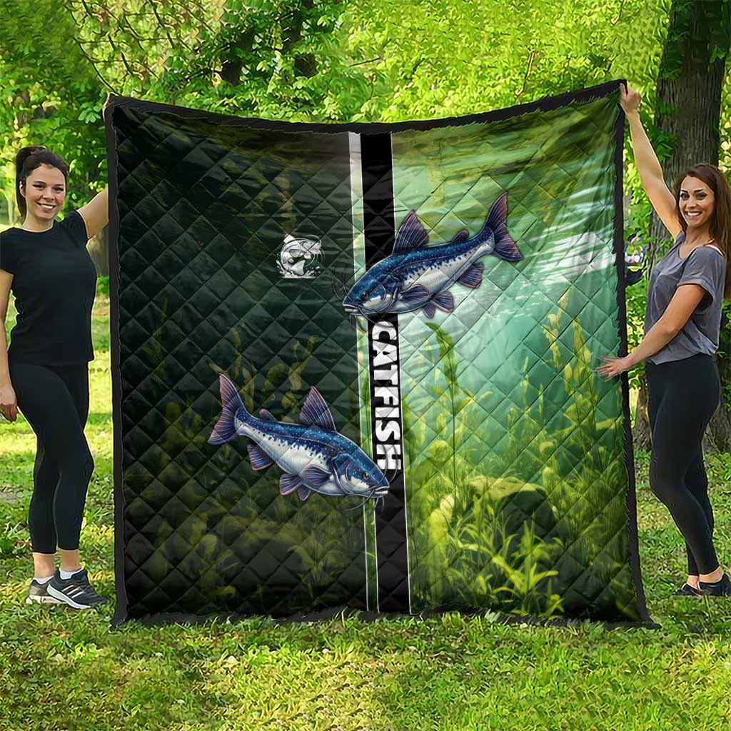 Catfish Fishing Quilt with Underwater River Scene and Green Aquatic Pattern - Wonder Print Shop