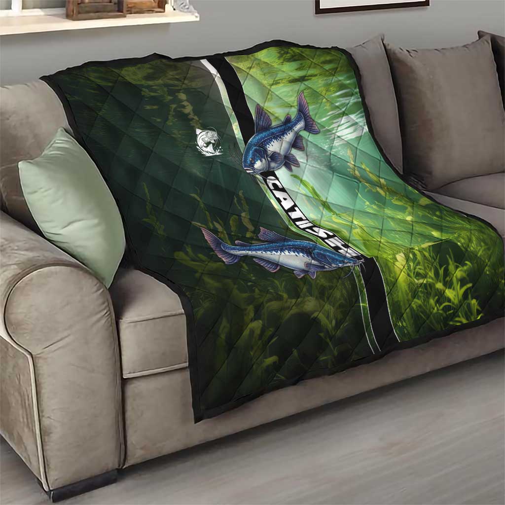 Catfish Fishing Quilt with Underwater River Scene and Green Aquatic Pattern - Wonder Print Shop