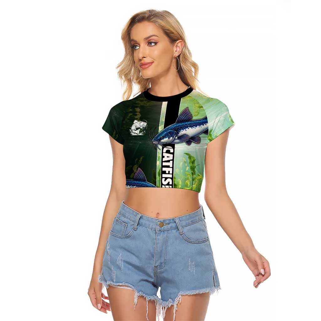Custom Catfish Fishing Raglan Cropped T Shirt with Underwater River Scene and Green Aquatic Pattern - Wonder Print Shop