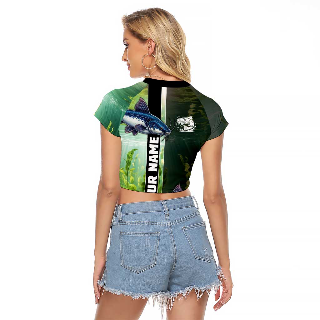 Custom Catfish Fishing Raglan Cropped T Shirt with Underwater River Scene and Green Aquatic Pattern - Wonder Print Shop