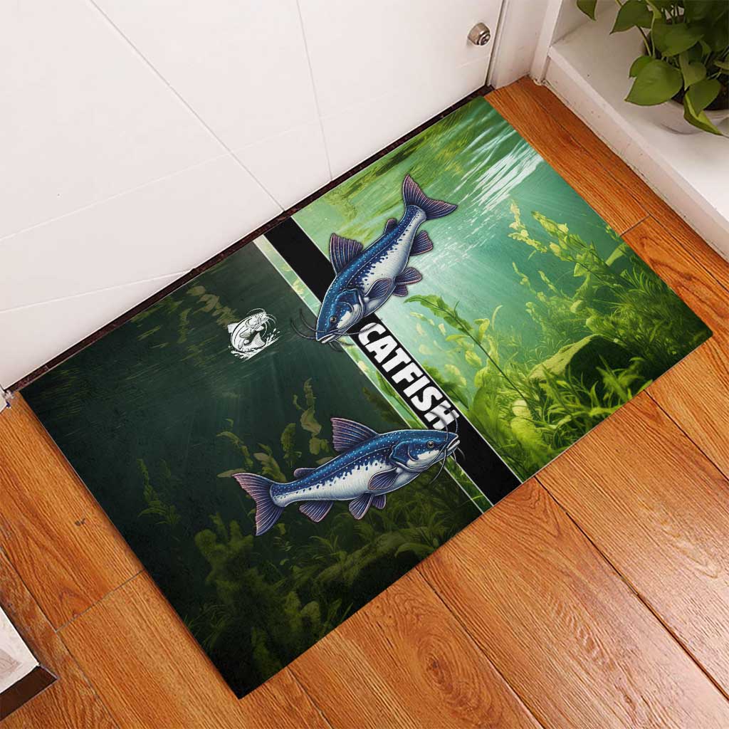 Catfish Fishing Rubber Doormat with Underwater River Scene and Green Aquatic Pattern - Wonder Print Shop