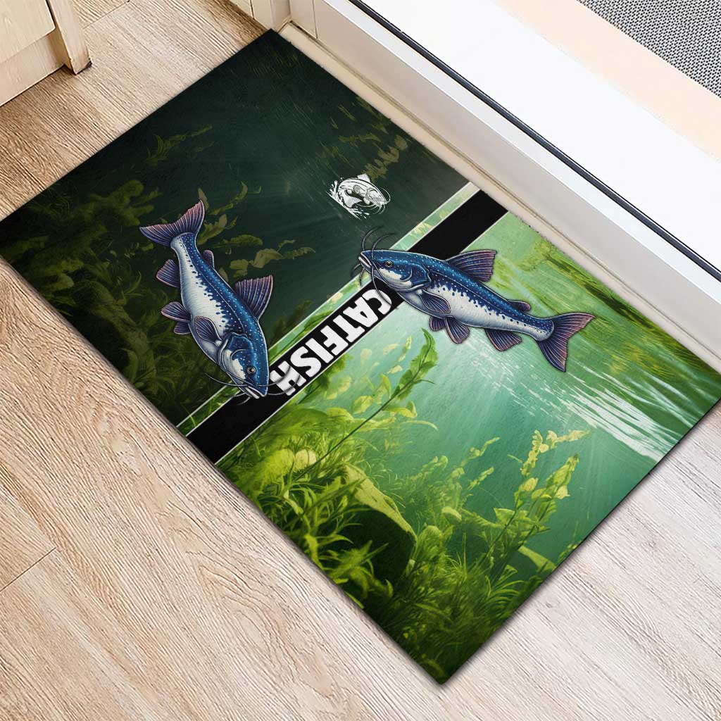 Catfish Fishing Rubber Doormat with Underwater River Scene and Green Aquatic Pattern - Wonder Print Shop