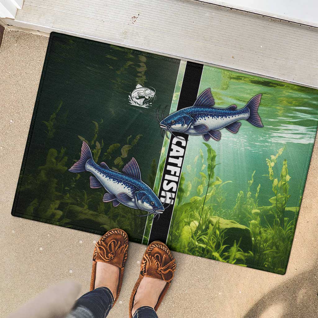 Catfish Fishing Rubber Doormat with Underwater River Scene and Green Aquatic Pattern - Wonder Print Shop