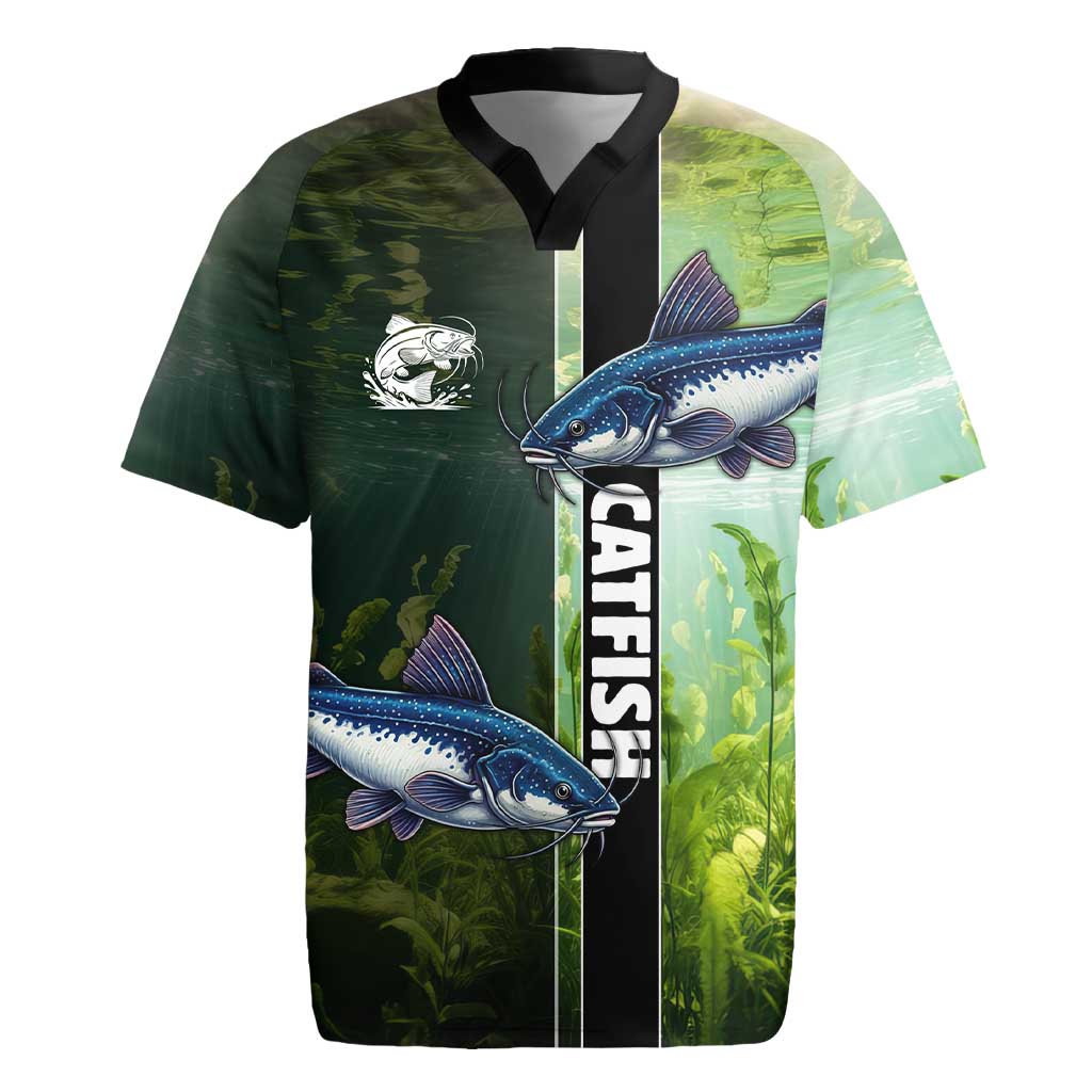 Custom Catfish Fishing Rugby Jersey with Underwater River Scene and Green Aquatic Pattern - Wonder Print Shop