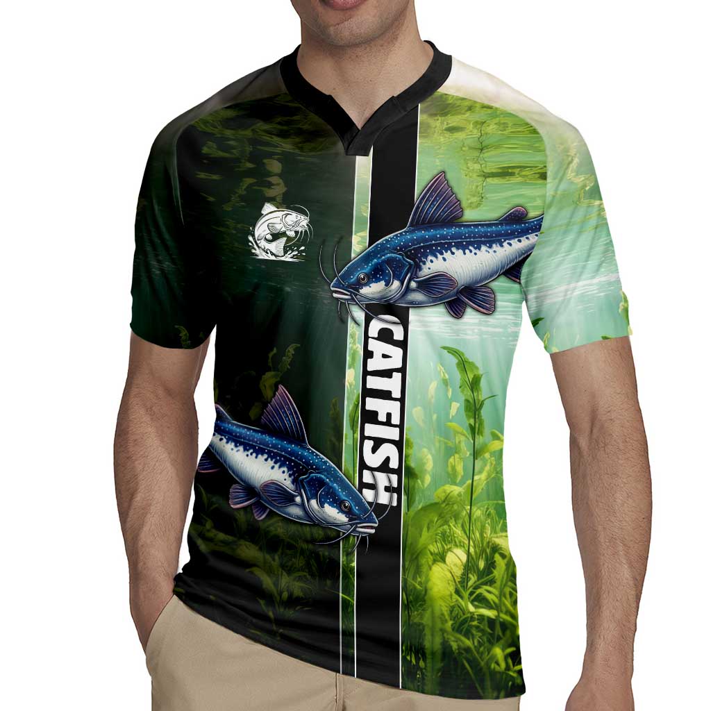 Custom Catfish Fishing Rugby Jersey with Underwater River Scene and Green Aquatic Pattern - Wonder Print Shop