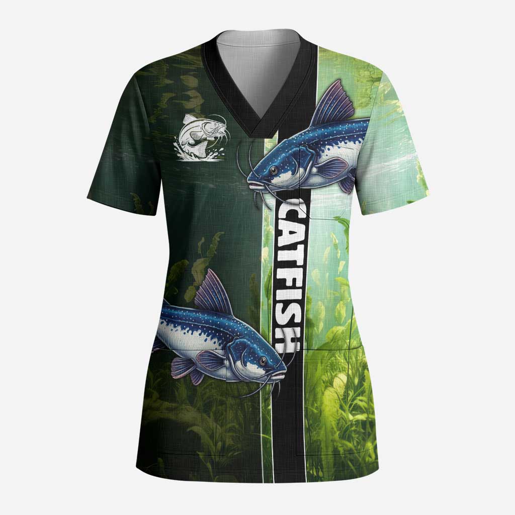Custom Catfish Fishing Scrub Top with Underwater River Scene and Green Aquatic Pattern - Wonder Print Shop