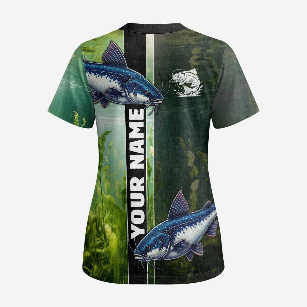 Custom Catfish Fishing Scrub Top with Underwater River Scene and Green Aquatic Pattern - Wonder Print Shop