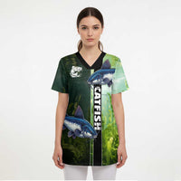 Custom Catfish Fishing Scrub Top with Underwater River Scene and Green Aquatic Pattern - Wonder Print Shop