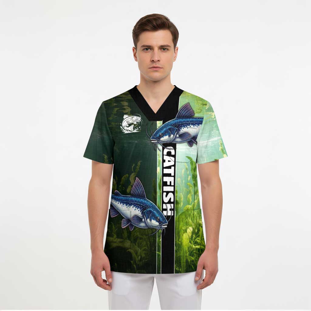 Custom Catfish Fishing Scrub Top with Underwater River Scene and Green Aquatic Pattern - Wonder Print Shop