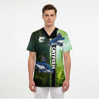 Custom Catfish Fishing Scrub Top with Underwater River Scene and Green Aquatic Pattern - Wonder Print Shop