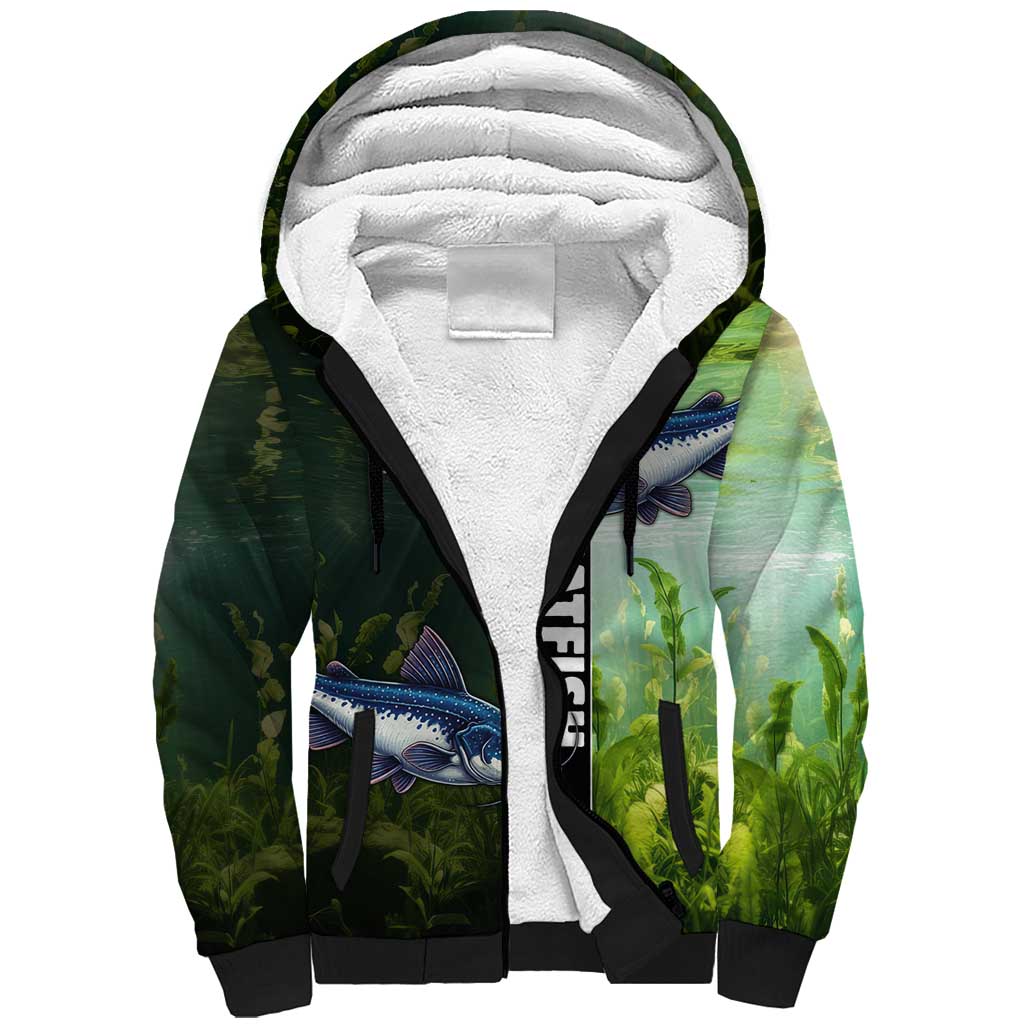 Custom Catfish Fishing Sherpa Hoodie with Underwater River Scene and Green Aquatic Pattern - Wonder Print Shop
