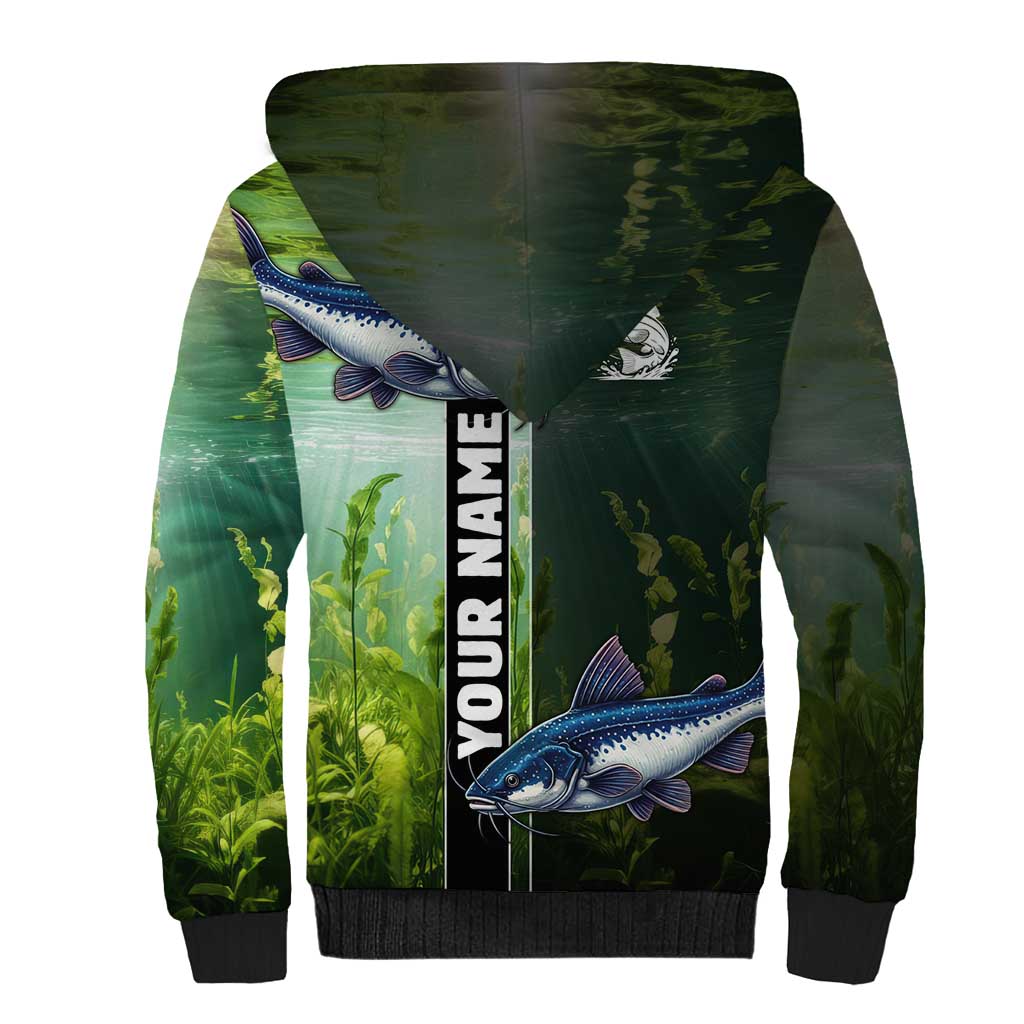Custom Catfish Fishing Sherpa Hoodie with Underwater River Scene and Green Aquatic Pattern - Wonder Print Shop