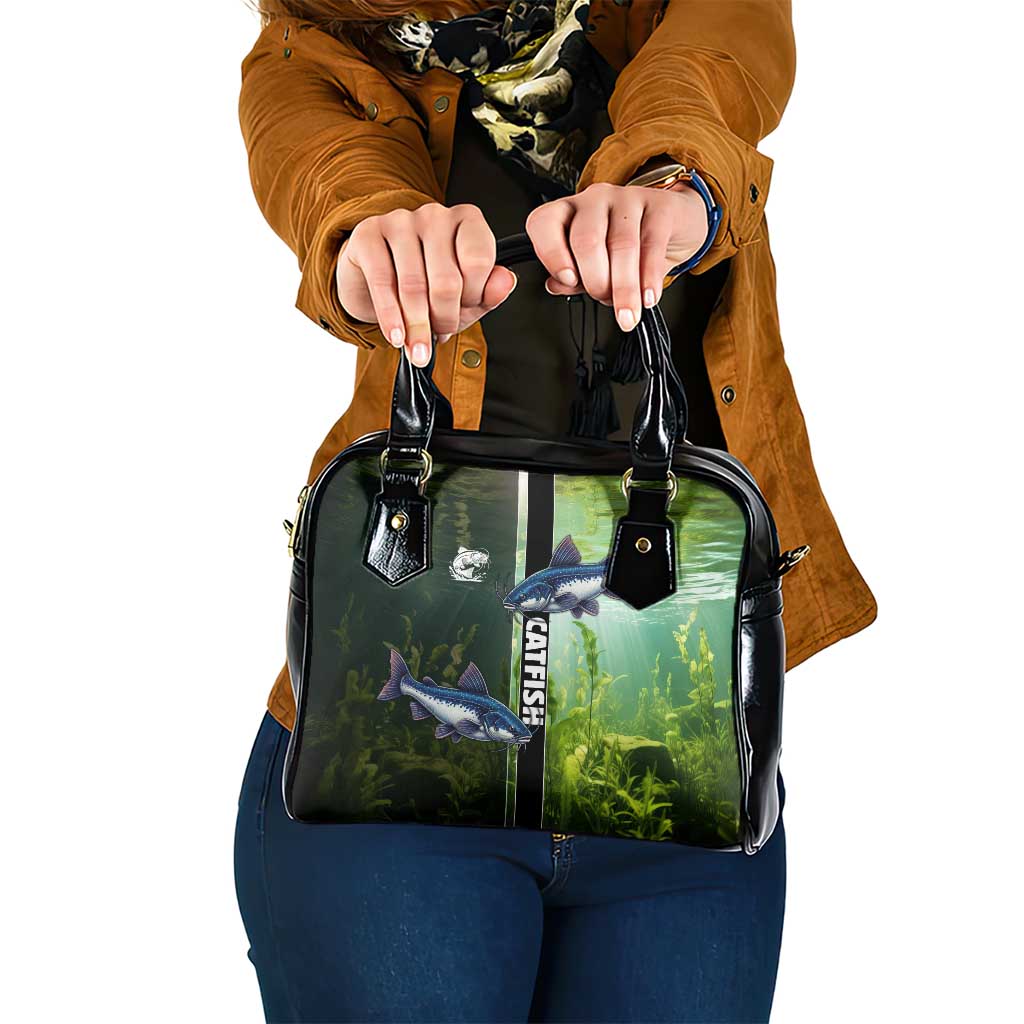 Catfish Fishing Shoulder Handbag with Underwater River Scene and Green Aquatic Pattern - Wonder Print Shop