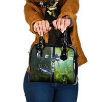 Catfish Fishing Shoulder Handbag with Underwater River Scene and Green Aquatic Pattern - Wonder Print Shop