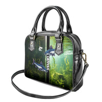 Catfish Fishing Shoulder Handbag with Underwater River Scene and Green Aquatic Pattern - Wonder Print Shop