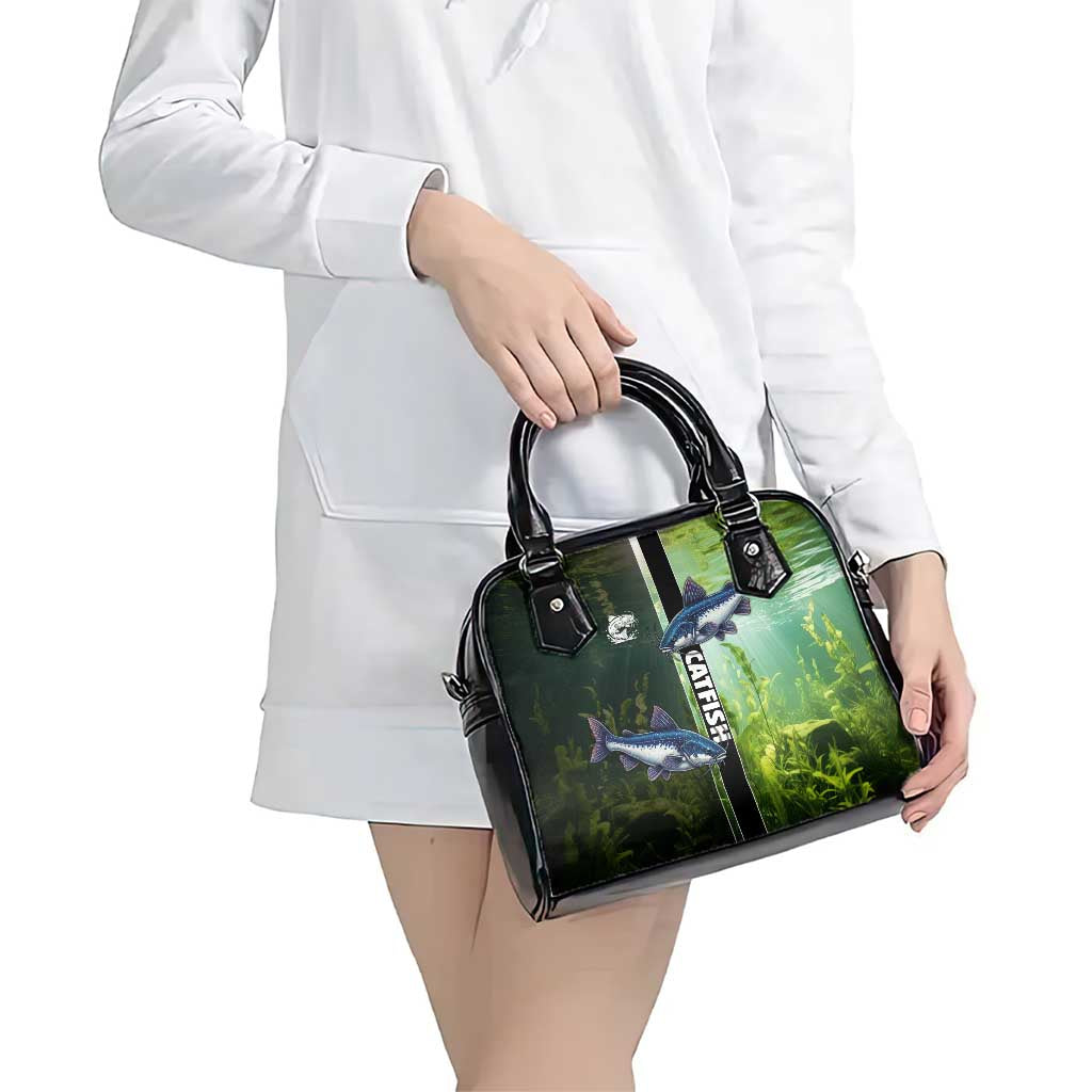 Catfish Fishing Shoulder Handbag with Underwater River Scene and Green Aquatic Pattern - Wonder Print Shop