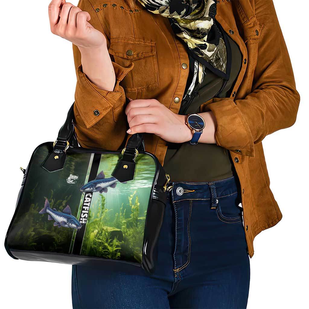 Catfish Fishing Shoulder Handbag with Underwater River Scene and Green Aquatic Pattern - Wonder Print Shop