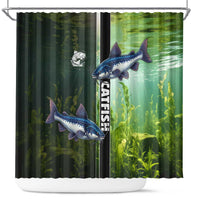 Catfish Fishing Shower Curtain with Underwater River Scene and Green Aquatic Pattern - Wonder Print Shop