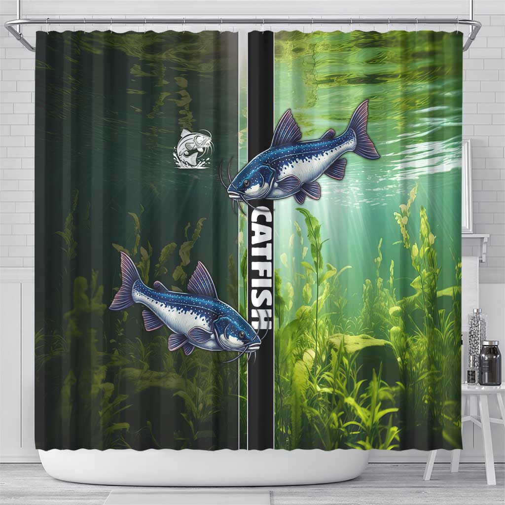 Catfish Fishing Shower Curtain with Underwater River Scene and Green Aquatic Pattern - Wonder Print Shop