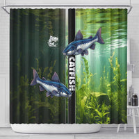 Catfish Fishing Shower Curtain with Underwater River Scene and Green Aquatic Pattern - Wonder Print Shop