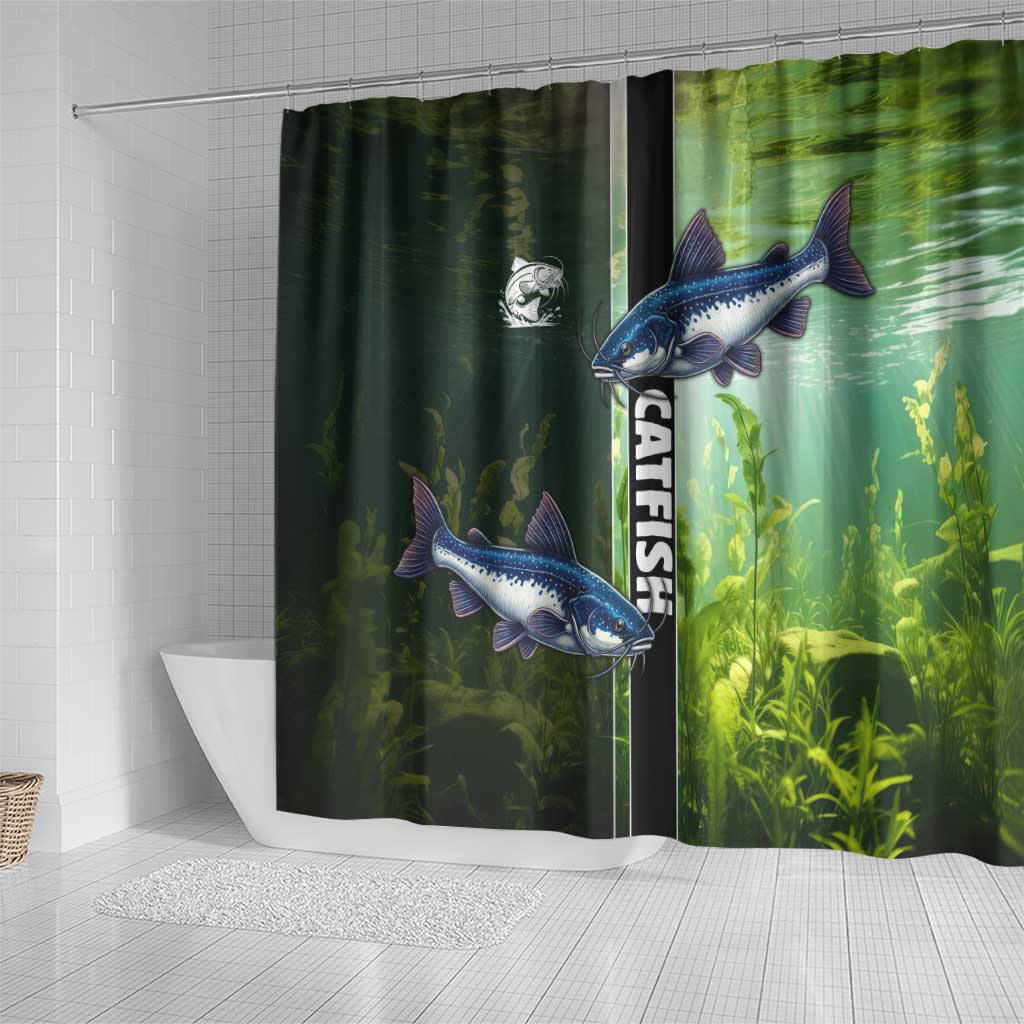 Catfish Fishing Shower Curtain with Underwater River Scene and Green Aquatic Pattern - Wonder Print Shop