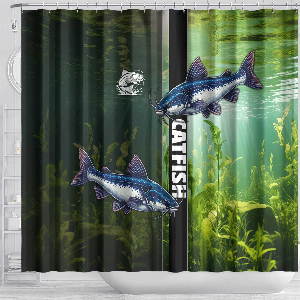 Catfish Fishing Shower Curtain with Underwater River Scene and Green Aquatic Pattern - Wonder Print Shop