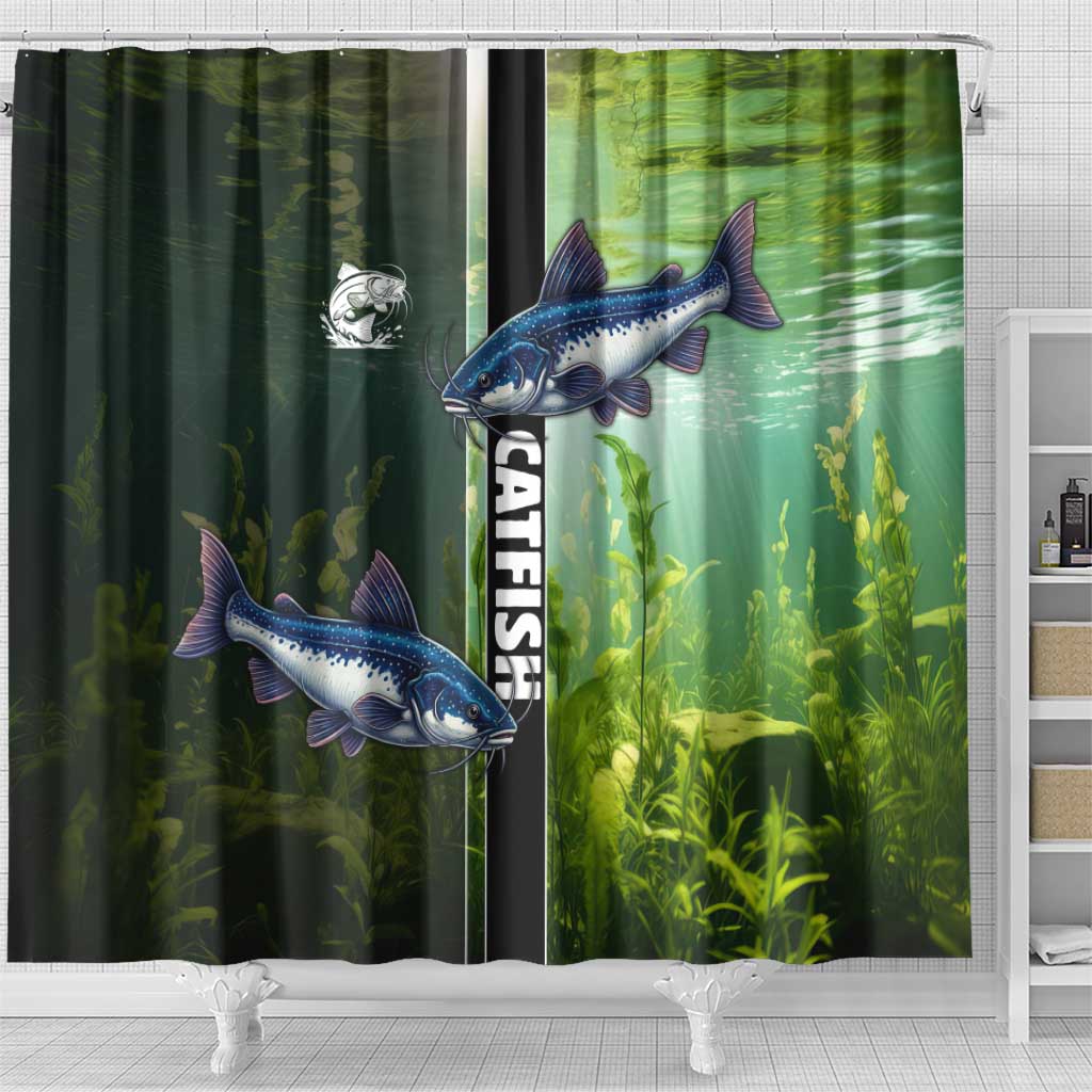 Catfish Fishing Shower Curtain with Underwater River Scene and Green Aquatic Pattern - Wonder Print Shop