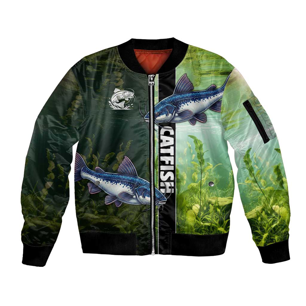 Custom Catfish Fishing Sleeve Zip Bomber Jacket with Underwater River Scene and Green Aquatic Pattern - Wonder Print Shop