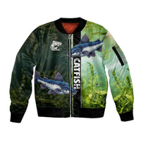 Custom Catfish Fishing Sleeve Zip Bomber Jacket with Underwater River Scene and Green Aquatic Pattern - Wonder Print Shop