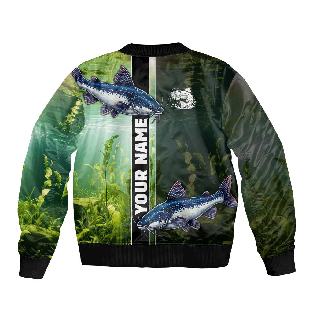 Custom Catfish Fishing Sleeve Zip Bomber Jacket with Underwater River Scene and Green Aquatic Pattern - Wonder Print Shop