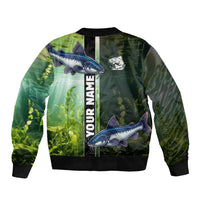 Custom Catfish Fishing Sleeve Zip Bomber Jacket with Underwater River Scene and Green Aquatic Pattern - Wonder Print Shop