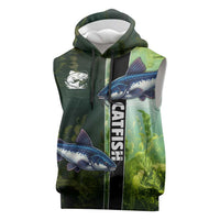 Custom Catfish Fishing Sleeveless Hoodie with Underwater River Scene and Green Aquatic Pattern - Wonder Print Shop