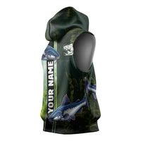 Custom Catfish Fishing Sleeveless Hoodie with Underwater River Scene and Green Aquatic Pattern - Wonder Print Shop