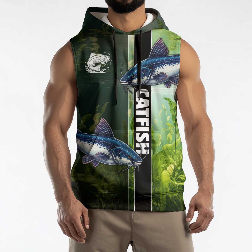 Custom Catfish Fishing Sleeveless Hoodie with Underwater River Scene and Green Aquatic Pattern - Wonder Print Shop