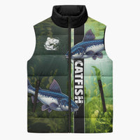 Custom Catfish Fishing Sleeveless Puffer Jacket with Underwater River Scene and Green Aquatic Pattern - Wonder Print Shop