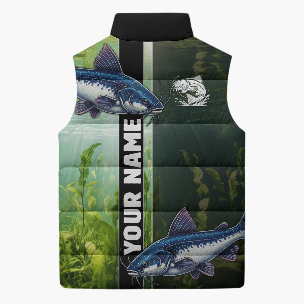 Custom Catfish Fishing Sleeveless Puffer Jacket with Underwater River Scene and Green Aquatic Pattern - Wonder Print Shop