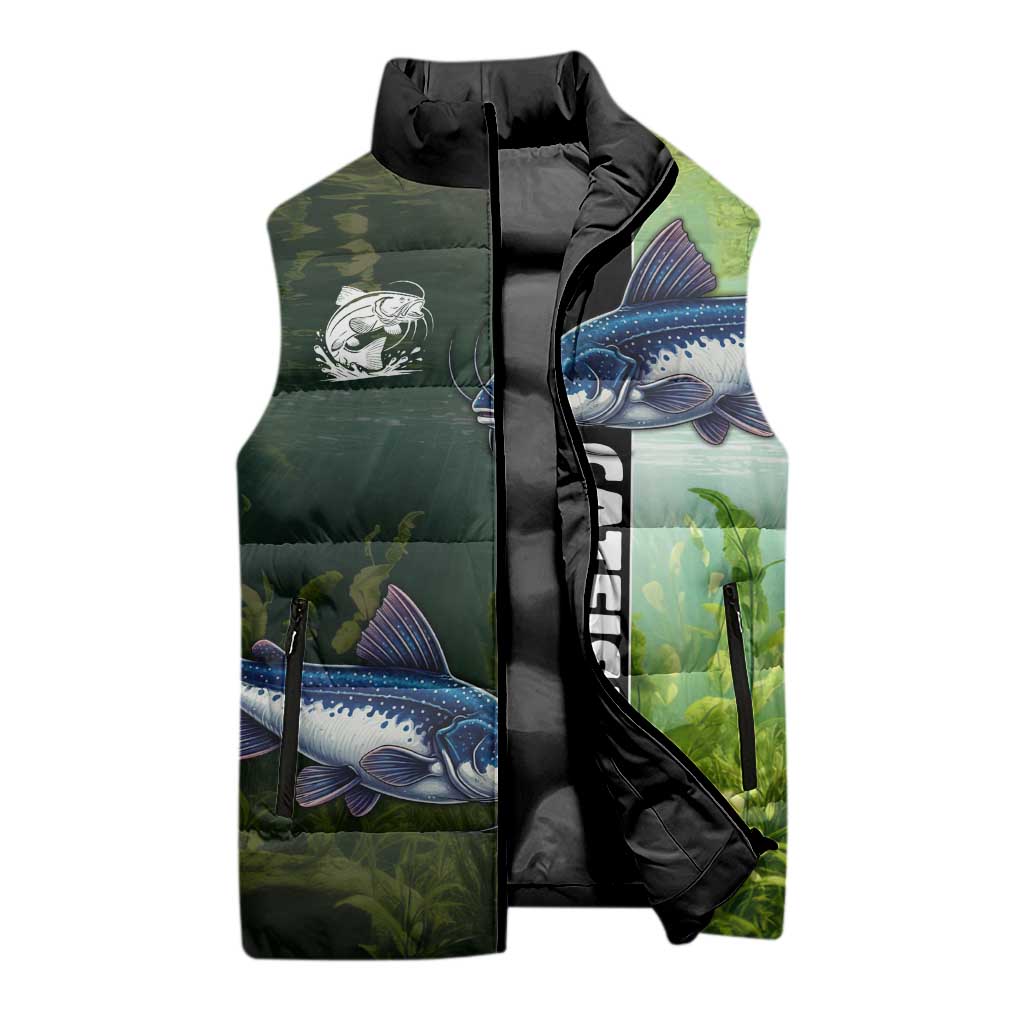 Custom Catfish Fishing Sleeveless Puffer Jacket with Underwater River Scene and Green Aquatic Pattern - Wonder Print Shop