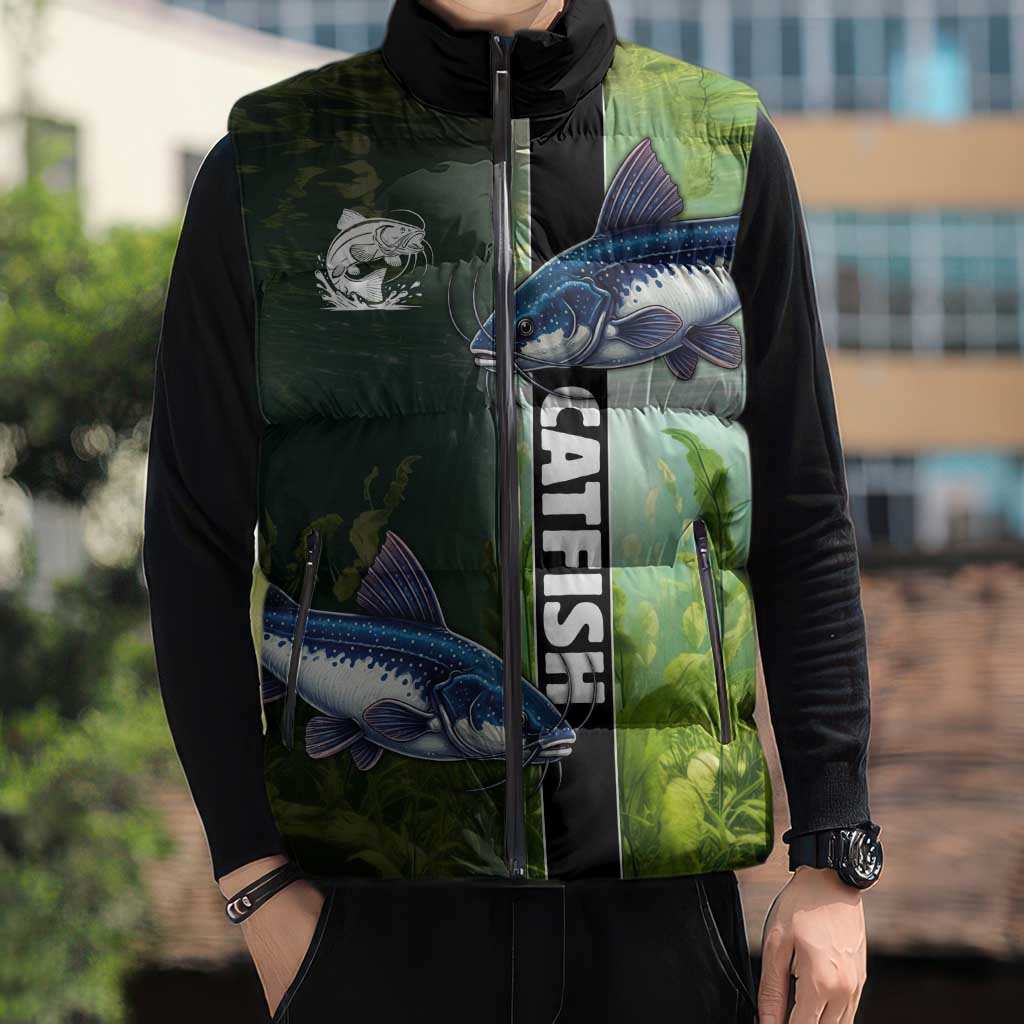Custom Catfish Fishing Sleeveless Puffer Jacket with Underwater River Scene and Green Aquatic Pattern - Wonder Print Shop