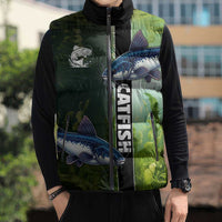 Custom Catfish Fishing Sleeveless Puffer Jacket with Underwater River Scene and Green Aquatic Pattern - Wonder Print Shop