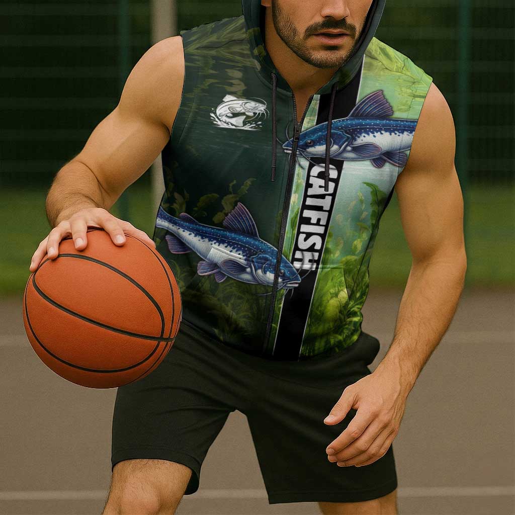 Custom Catfish Fishing Sleeveless Zip Hoodie with Underwater River Scene and Green Aquatic Pattern - Wonder Print Shop