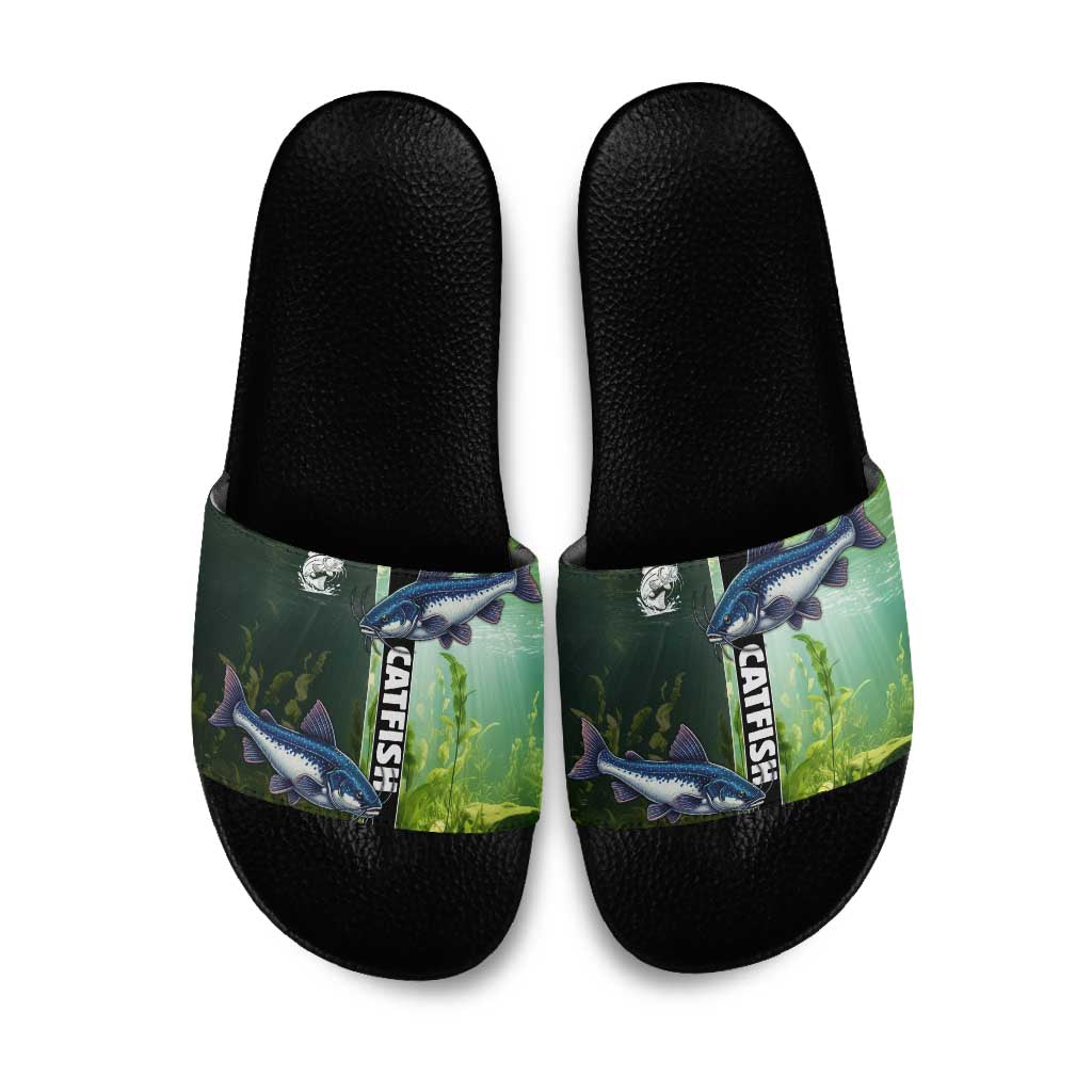 Catfish Fishing Slide Sandals with Underwater River Scene and Green Aquatic Pattern - Wonder Print Shop
