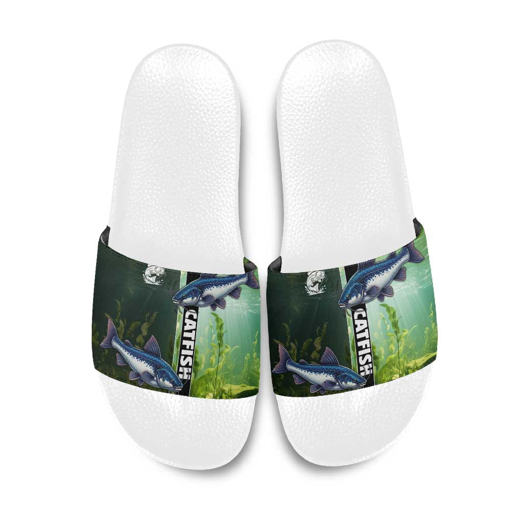 Catfish Fishing Slide Sandals with Underwater River Scene and Green Aquatic Pattern - Wonder Print Shop